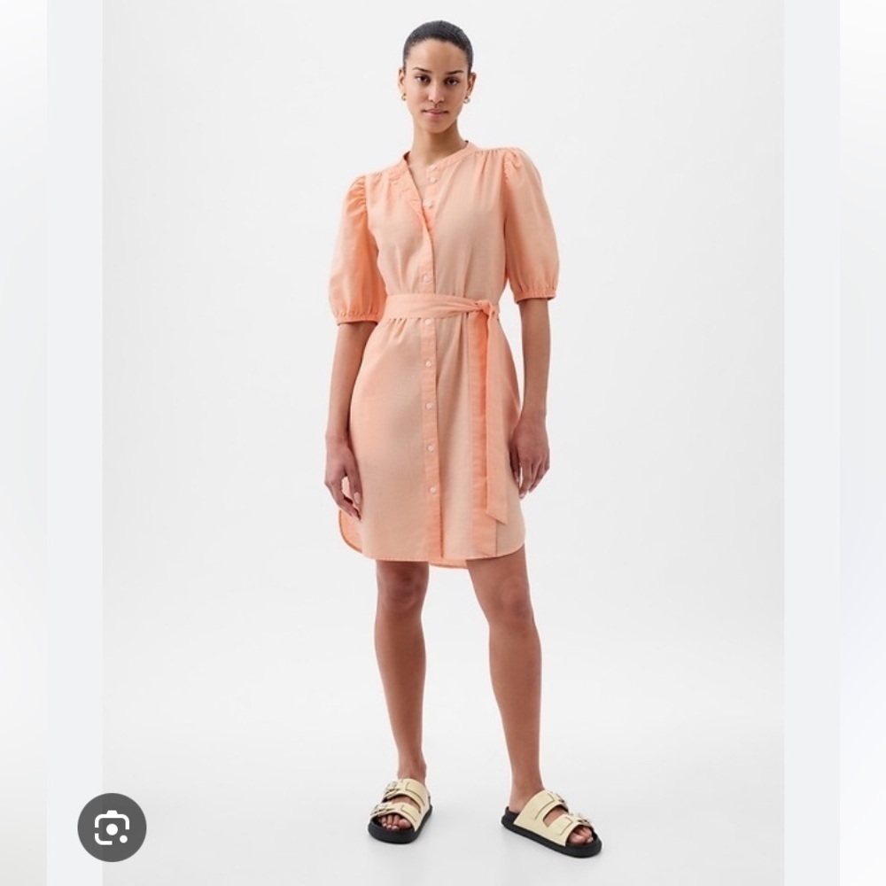 GAP NWT Linen Cotton Blend Puff Sleeve Button Front Tie Dress Peach Size XL
